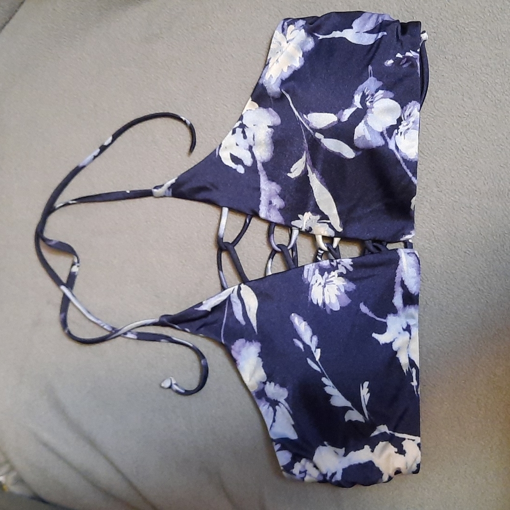 Athleta Navy and White Floral Lace-Up Halter Bikini Top